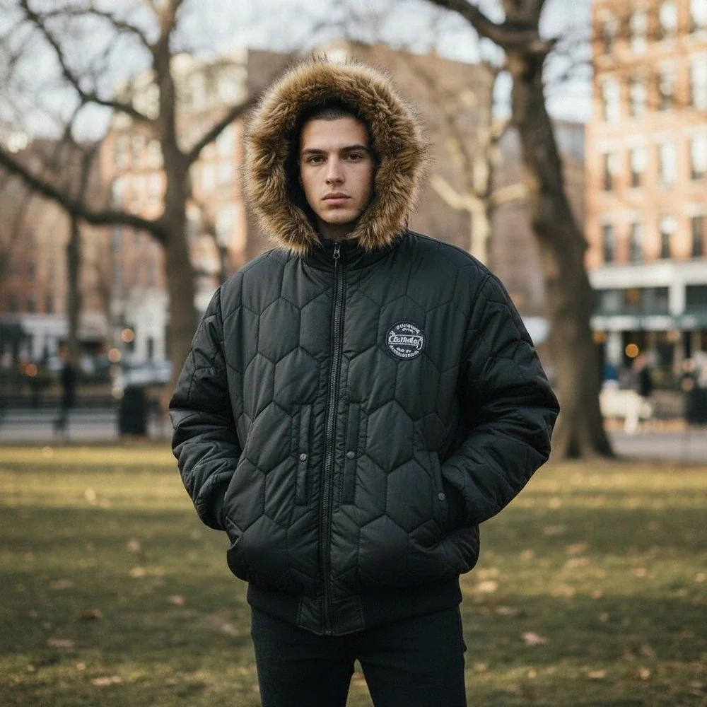 VTG Akademiks Mens Black Quilted Reversible Hooded Winter Puffer Jacket Fur Trim